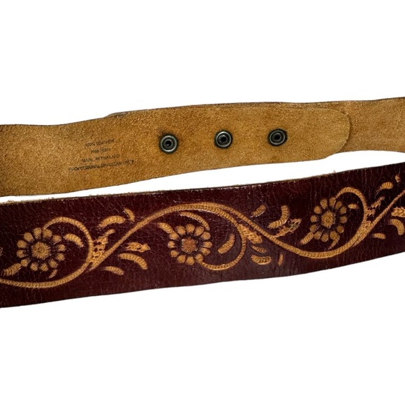 Boho Western Tooled Leather Stamped Belt One Size Brown Waist Snap Statement - Picture 2 of 5